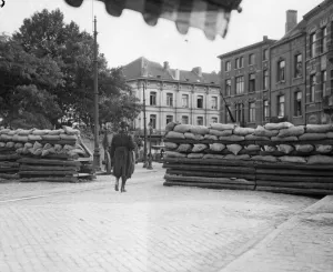 Barricade Prints: Belgian Civil Guards seen here manning a barricade across one of the roads leading into