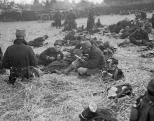 Resting Prints: Belgian soldiers seen in a field close to Louvain 16th August 1914