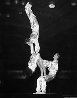 Acrobat Prints: Belle Vue Circus rehearsal. The Three Torellis Continental Acrobatic Artists