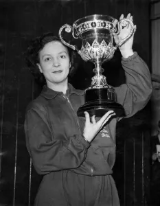 Belle Vue Table Tennis Finals: Diane Rowe with the Victor Barna trophy award as player of