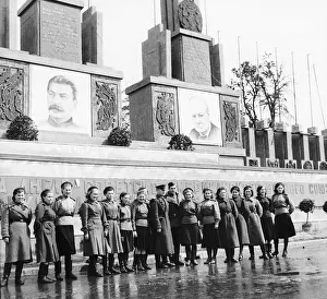 Berlin after WW2 Russian soldiers men and women at the saluting base in the Tiergarten