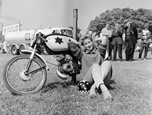 Beryl Swain waiting to weigh in for the 50cc race. 7th June 1962