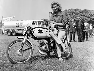Beryl Swain waiting to weigh in for the 50cc race. 7th June 1962