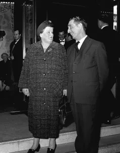 Bessie Braddock and fellow MP George Thomas attend the 100th Gala performance of