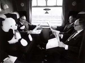 Panda Prints: In best British fashion, fellow passengers ignore Peter the panda in a carriage on board