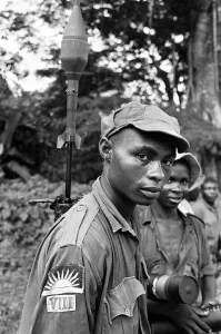 African Prints: A Biafran soldier seen here during the conflict with rocket propelled grenade launcher