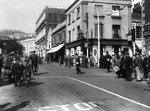 A big crowd gathered to watch the new installation of a traffic control at the corner of