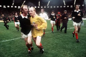 Billy Bremner with Jimmy Johnstone after the Scotland England international match