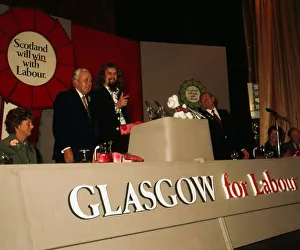 Billy Connolly on platform with Harold Wilson at the Scottish Labour Party Conference1974
