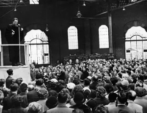Christianity Prints: Billy Graham speaking at Birmingham Rag Market after preaching at St Martin in the Bull