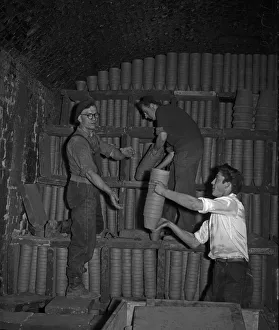 Pottery Prints: Bilston Pottery 1958 Loading flower pots into the kiln for firing at the Bilston