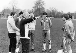 Birmingham City football manager Ron Saunders gets down to work with his players