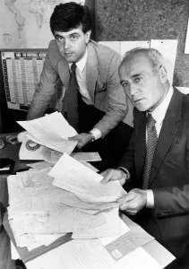 Birmingham City football manager Ron Saunders and secretary Andrew Waterhouse sift though
