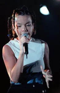 Bjork singer from Iceland on stage at the Irvine Festival with microphone in hand