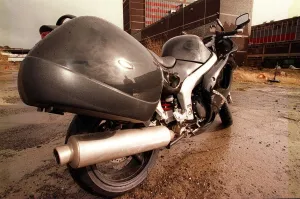 Tourer Prints: Black Triumph Motorbike March 1999 At the back of the Daily Record building