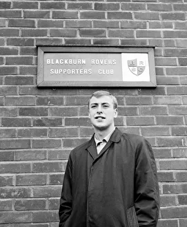 00431 Prints: Blackburn Rovers forward John Byrom pictured outside Rovers supporters club