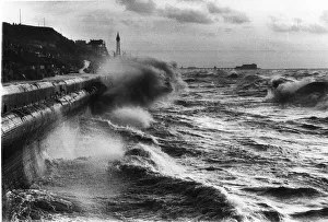Waves Prints: Blackpool beach during a storm with Blackpool Tower in background Sea crashing up