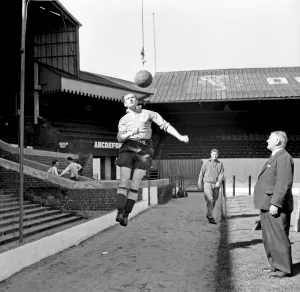 Blackpool Football Club. Stan Mortensen heading the ball during training