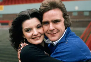 Blackpool footballer Brian Wilson and his fiancee Anne Nolan of the Nolan sisters pose