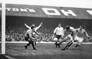 00349 Prints: Blackpool v. Stoke. Robson of Blackpool cracks the ball straight toward Stoke