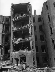 Blast damage to a block of flats at Maida Vale in London after a V1 flying bomb attack