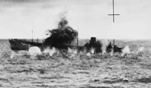 Blenheim aircraft of R. A. F. Mediterranean command delivers an attack from mast-high on an