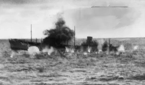 Target Prints: A Blenheim bomber of RAF Mediterranean Command delivering an attack from mast height