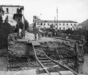 Italy Prints: Blown bridge at Cava. British troops and civilians by the side of vast gap