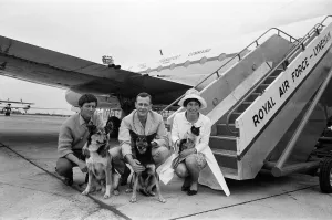 Blue Peter flies to the Far East. Pictured at RAF Lyneham are presenters John Noakes