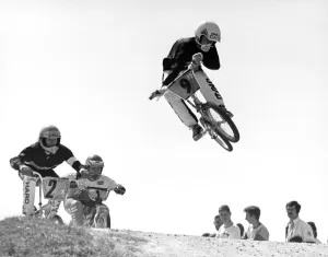 Jump Prints: BMX track at Redcar racecourse, riders competing in the area championships. 21st May 1988