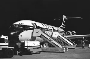 A BOAC VC10 sitting on the apron at Heathrow airport shortly before departing on a