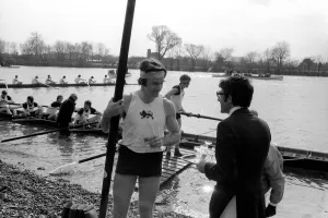 00055 Prints: Boat Race Cambridge. Some of the Cambridge team members celebrate with Champagne after