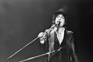 Bob Dylan seen here performing on stage at The Picnic concert at Blackbushe Aerodrome