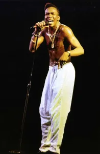 Bobby Brown soul singer on stage bare chested June 1989