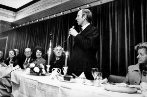 Dinner Prints: Bobby Charlton makes a speech after his testimonial at Old Trafford