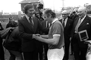 Shaking Hands Prints: Bobby Charlton pictured after playing his last game for Manchester United against Chelsea