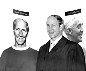 Bobby Charlton poses beside his portrait in the Football Hall Of Fame in March 1971