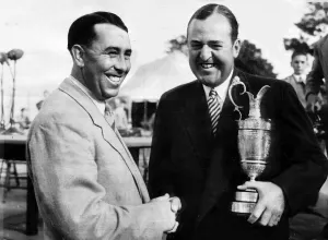 00188 Prints: Bobby Locke golfer being congratulated by runner up Harry Bradshaw