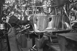 Team Work Prints: Body panels for the Austin Mini seen here being welded on the production line
