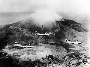 Three Boeing B29 Superfortresses of the US Air Force fly past Mt Fujiyama in
