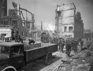 Baedeker Blitz Prints: Bomb damage at Norwich Rescue workers at a bombed site after the an air raid search