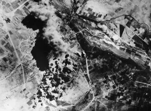 Bombs from Flying Fortresses of the Northwest African Airforces fall on the Sedes