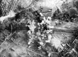 Belgium Prints: Bombs and incendiary devices explode during a successful raid by Marauders of the Ninth