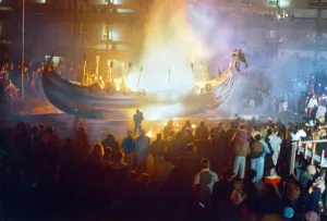 Bonfire Night Prints: Bonfire Night, Warriors torch a 40ft Vikings boat at a sunken playground in the Crescents
