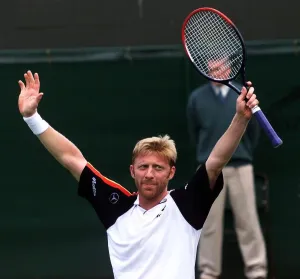 Mens Game Prints: Boris Becker celebrates his victory over Miles Maclagan in his first round mens singles