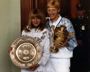 Boris Becker Tennis and Steffi Graf Tennis holding the winning trophies from