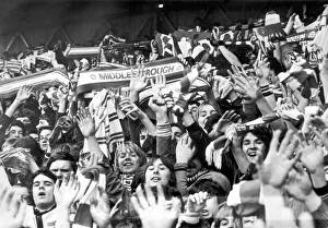 Middlesbrough Prints: Boro Fans, a section of Boros Holgate Kop in jubilant mood before the start of