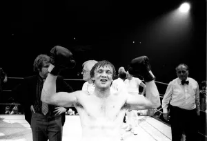 Boxer Tony Sibson after win against Alan Minter in jubilation after knockout in third