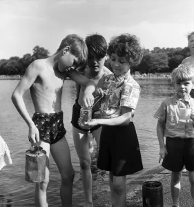 00012 Prints: Boys and girls compare their catches after fishing for minnows in Kensington Gardens