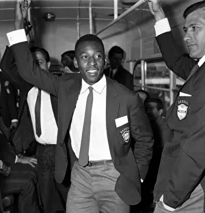Brazilian football star Pele on the bus as the Brazilian squad arrives at London airport